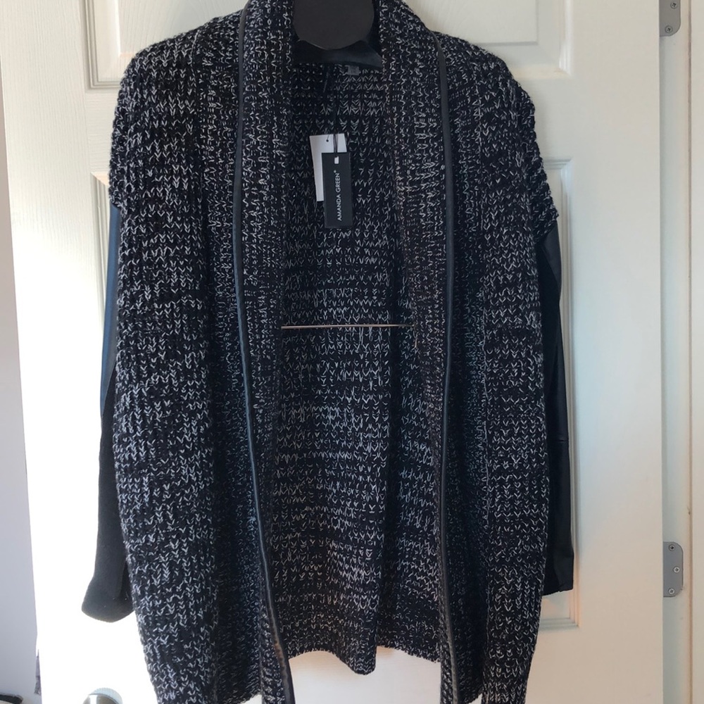 Black cardigan with pleather accents on sleeves